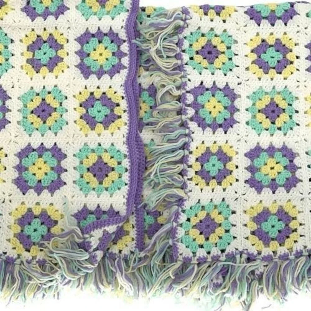 Handmade‎ Vintage Granny Square Crochet Afghan Pastel Purple Mint Yellow 38x48